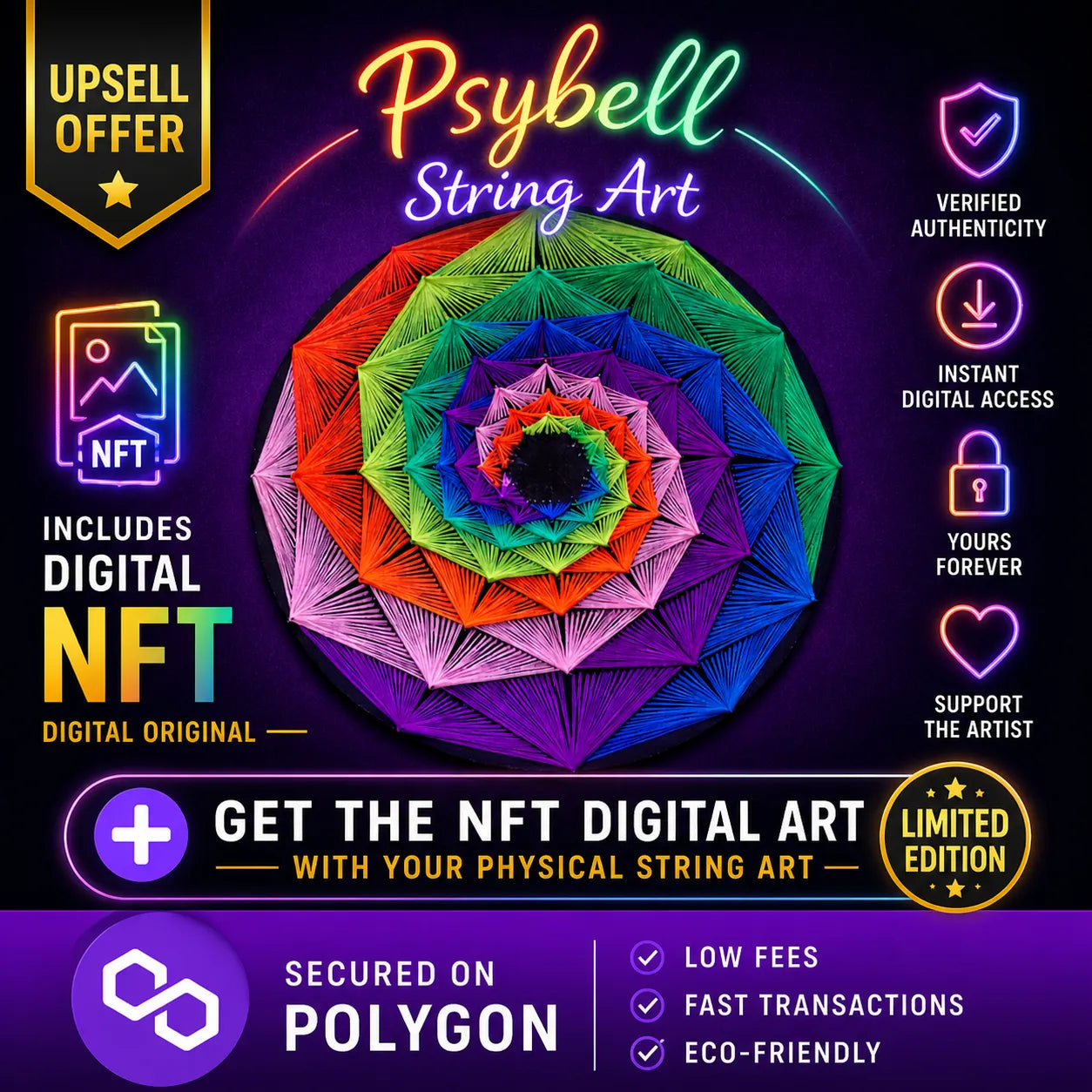 Colorful string art with promotional text for Psybell String Art and NFT digital art on a dark background.