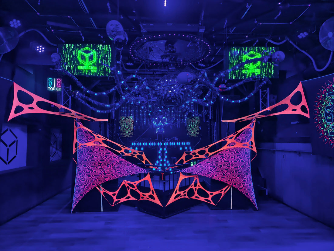 UV psychedelic stage decoration at psytrance party in Zlaté Moravce, Slovakia