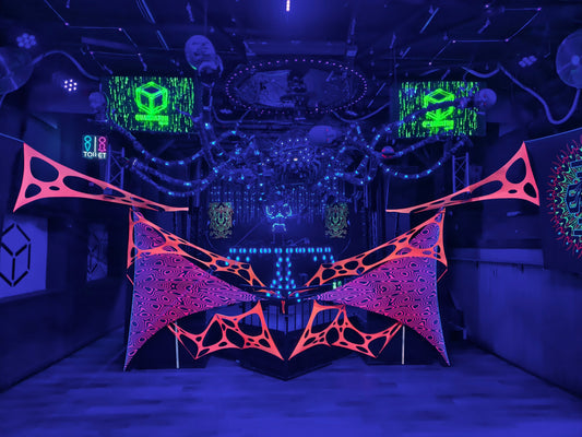 UV psychedelic stage decoration at psytrance party in Zlaté Moravce, Slovakia