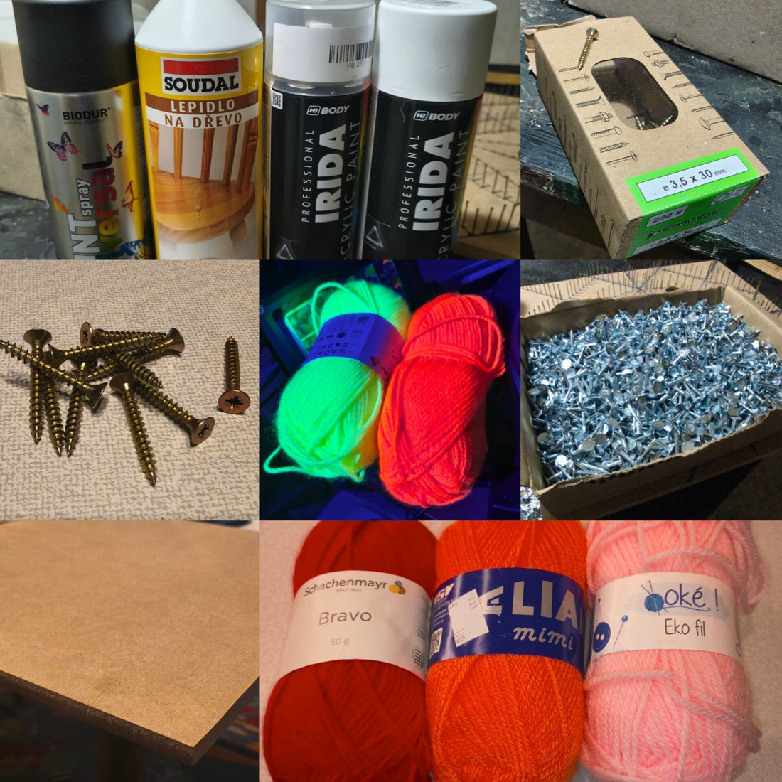 Materials used for handmade string art – MDF board, acrylic spray paint, wood glue, steel nails and UV reactive cotton