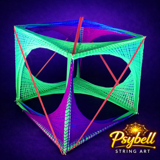 UV string art 3D cube by Psybell featuring complex cotton yarn weaving through precision drilled structure forming intricate parabolic patterns