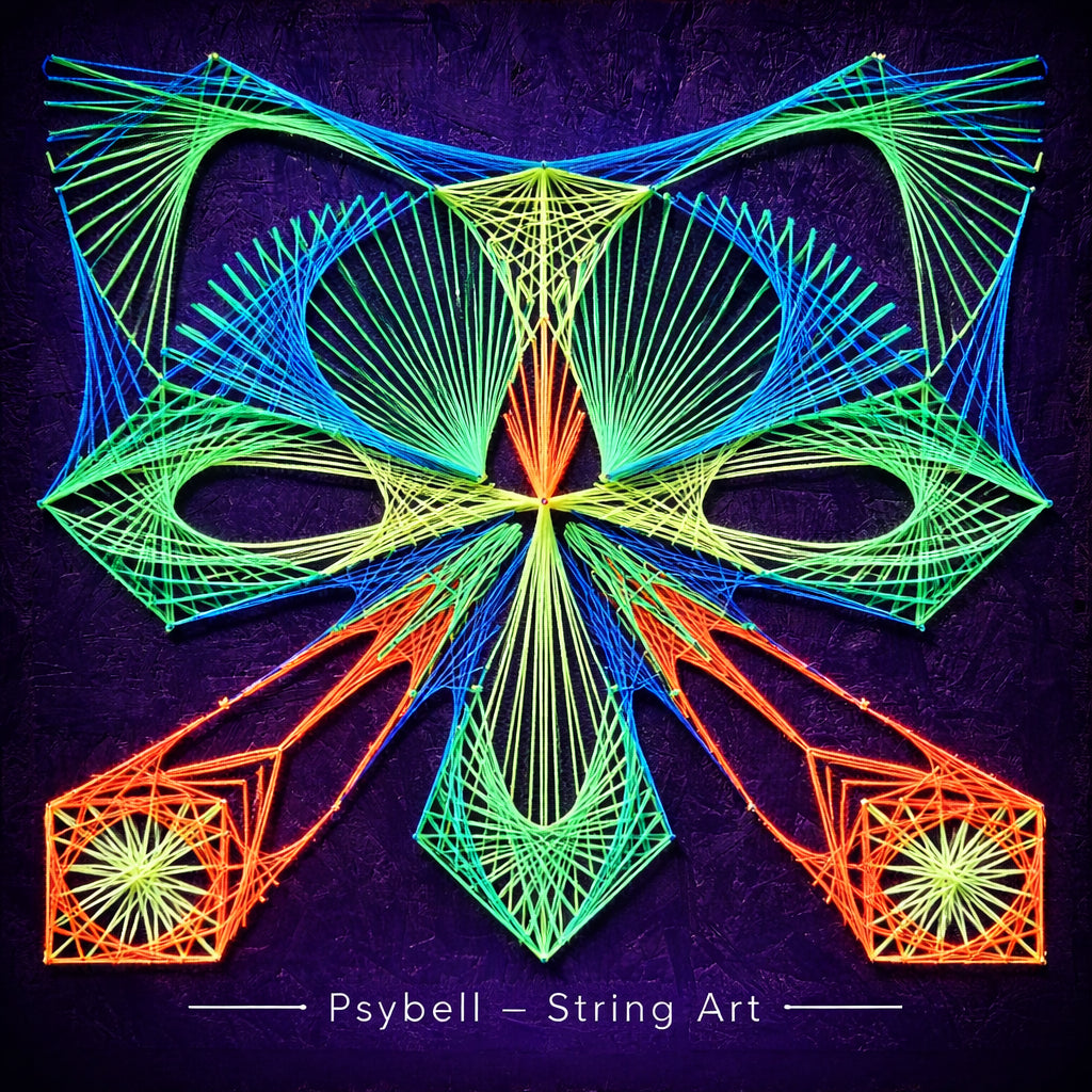 Handmade UV string art "Alien Cat" by Psybell – psychedelic alien cat geometric string art artwork