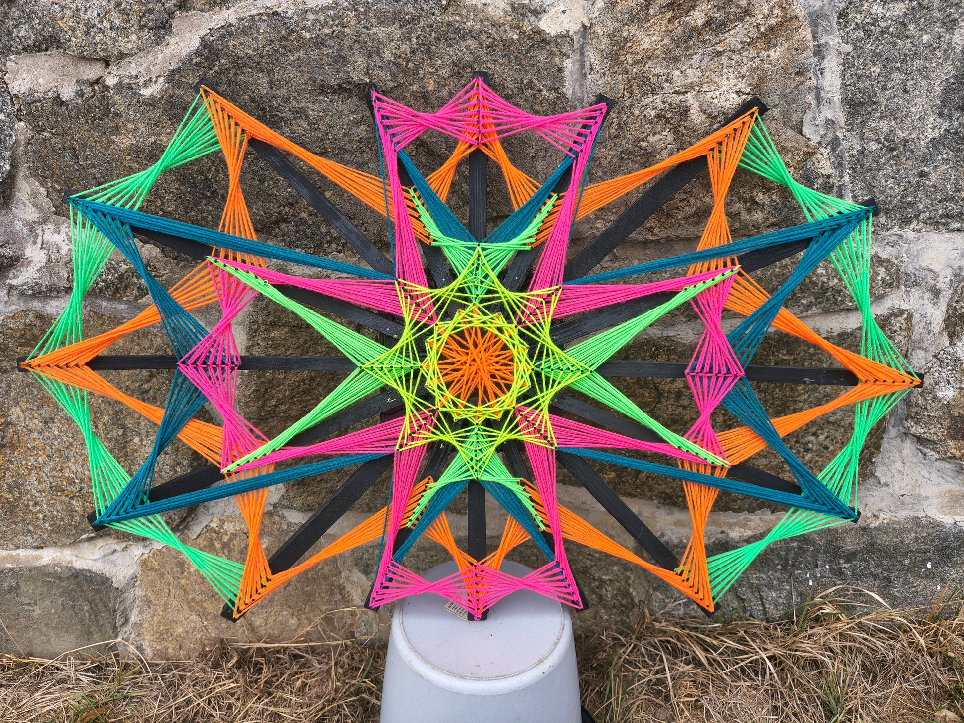 Colorsun #25 handmade string art mandala with vibrant multicolor radial symmetry on wooden base, 50 cm wall decor