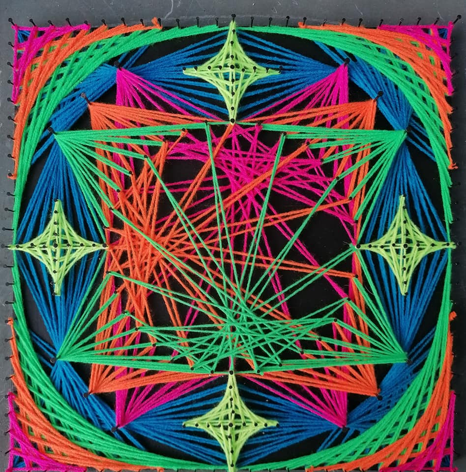 handmade square string art with symmetrical geometric pattern, central triangular structure and four star motifs, multicolor threads on dark background, by Psybell
