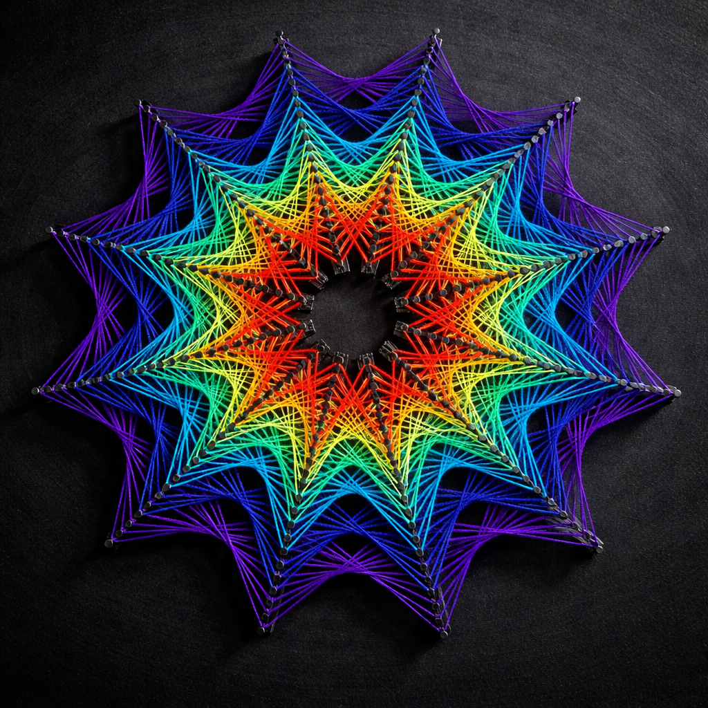 Cosmic Stargate star-shaped string art photographed at home, glowing contrast colors on black background, hypnotic geometric design
