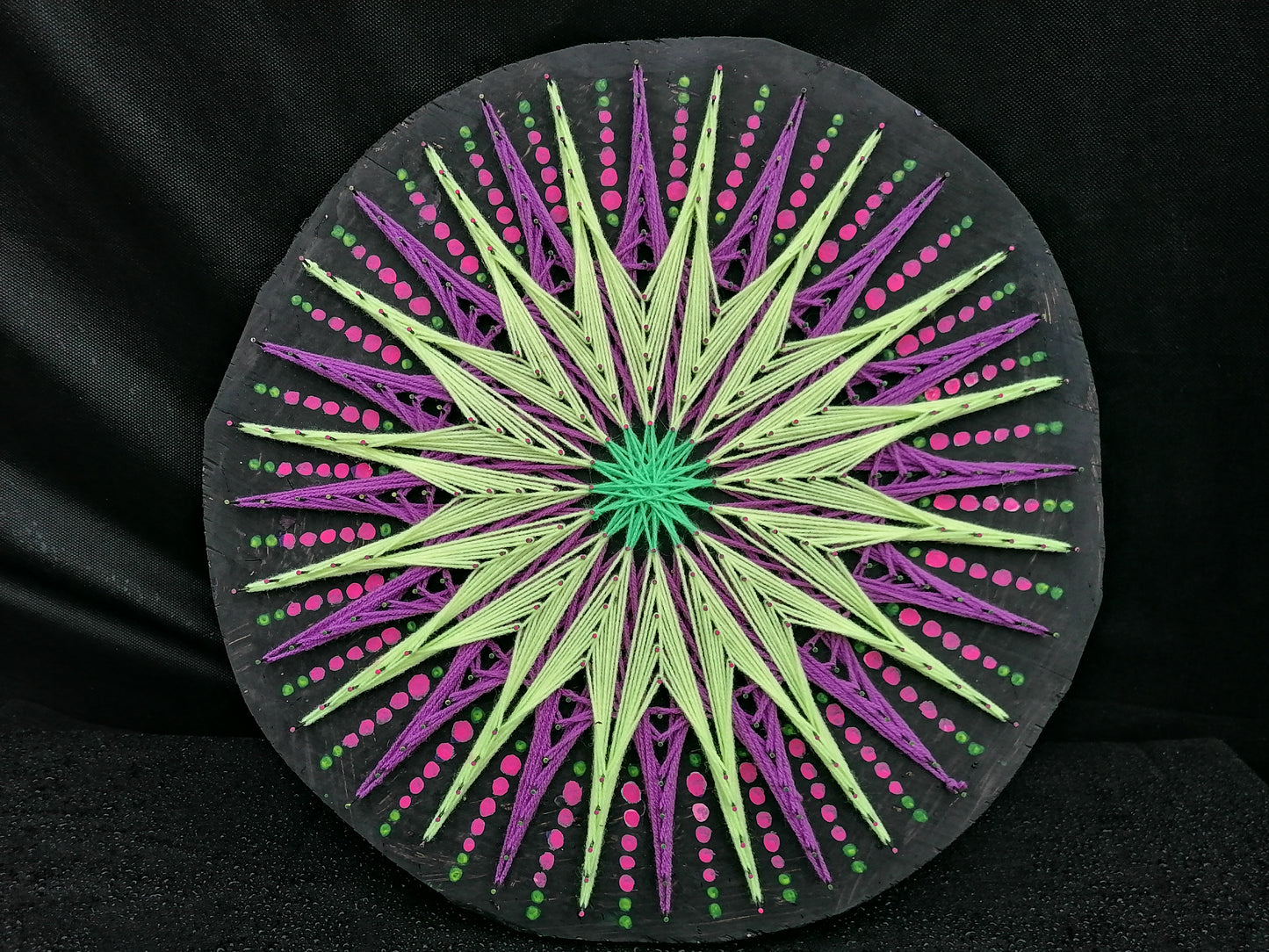 Jellyfish Pattern hand-stitched string art mandala on wooden base, purple and lime green geometric radial design, 50 cm wall art