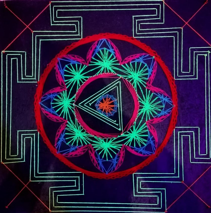 handmade UV reactive square string art mandala with symmetrical geometric pattern, central triangle motif, neon multicolor threads, glowing under ultraviolet light, by Psybell
