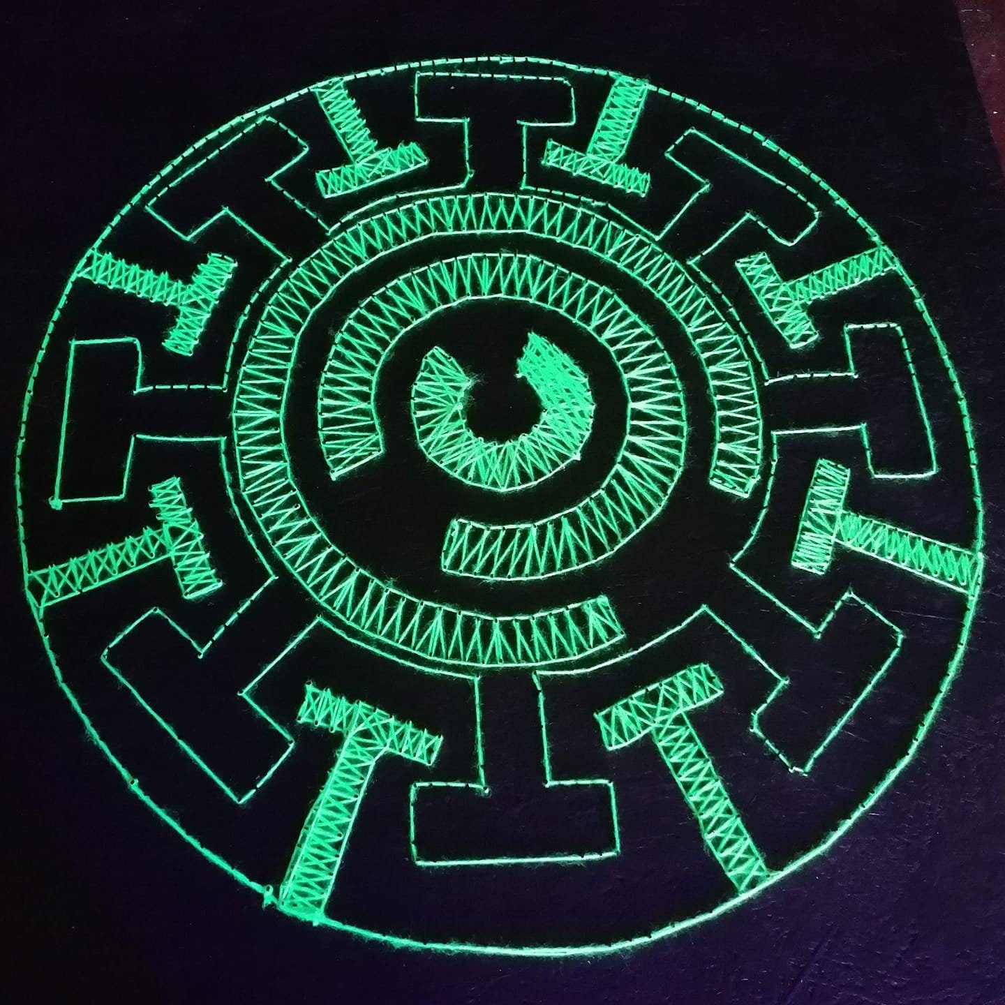 Labyrinth UV string art mandala fluorescent geometric handmade wall decor glowing green under blacklight