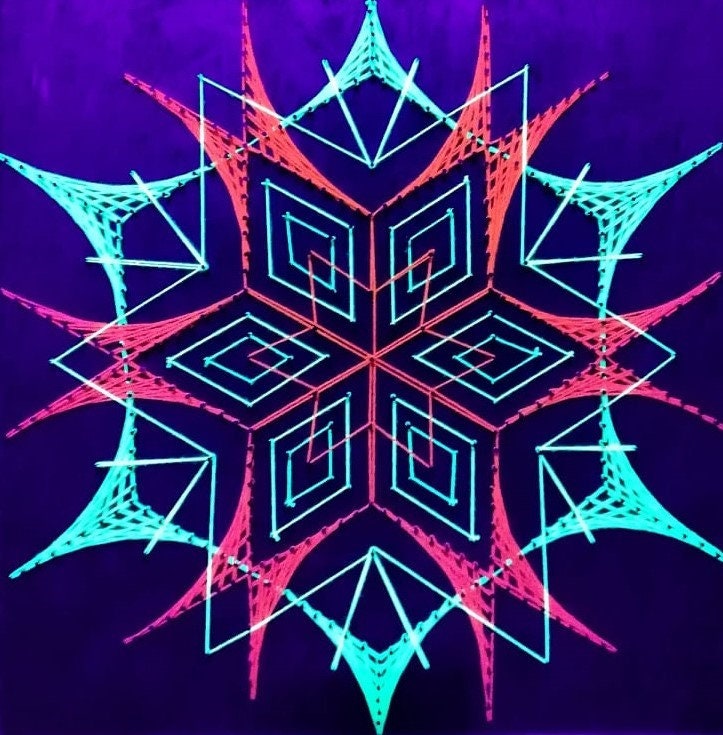 handmade UV reactive square string art with symmetrical merkaba geometric pattern, neon cyan and red threads, glowing under ultraviolet light, by Psybell
