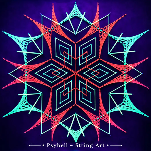 Handmade UV string art "Merkaba" by Psybell – sacred geometry merkaba star nail and thread artwork