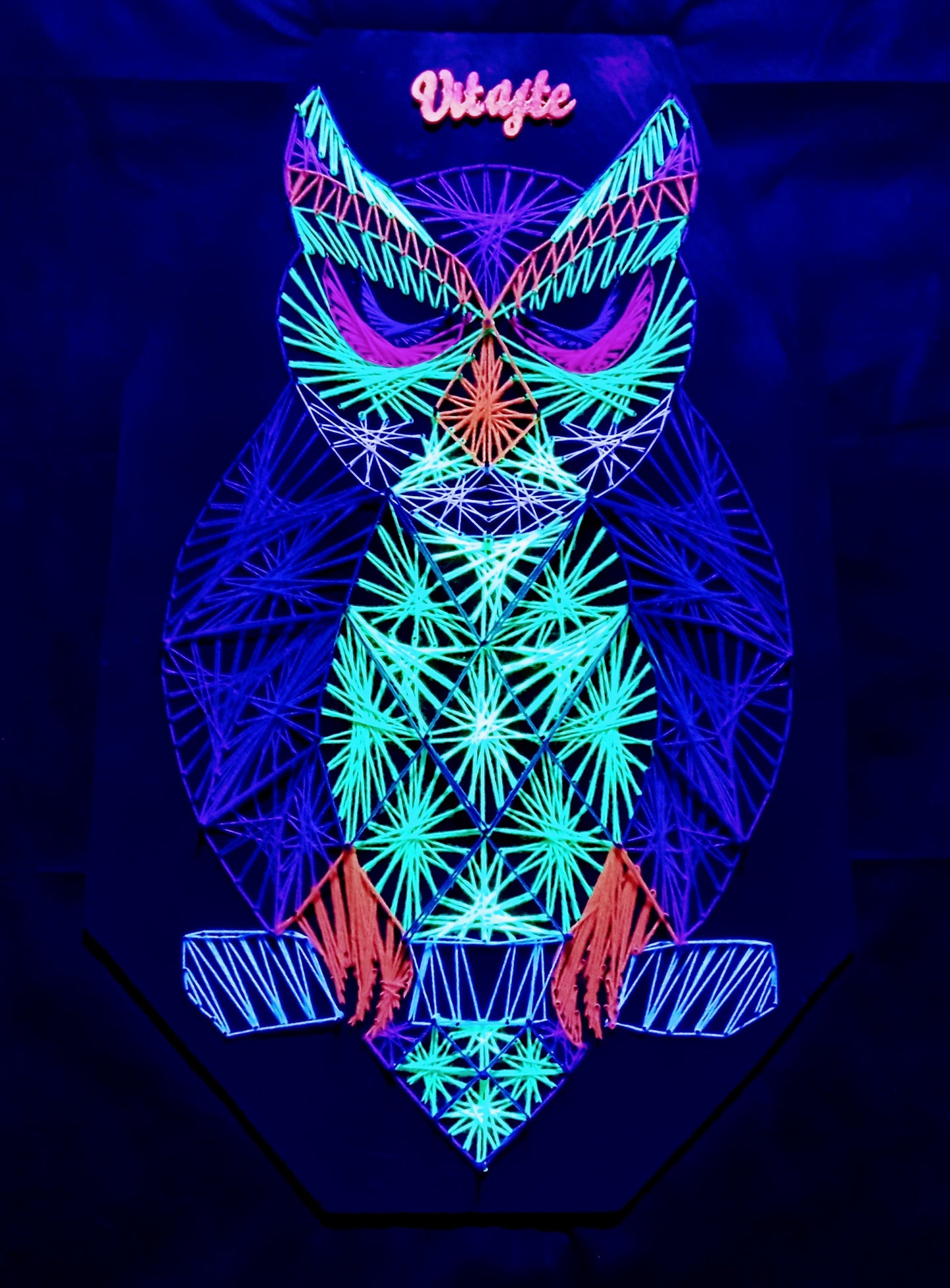 handmade geometric owl string art with symmetrical pattern, colorful UV reactive threads on black background, modern wall art, Psybell
