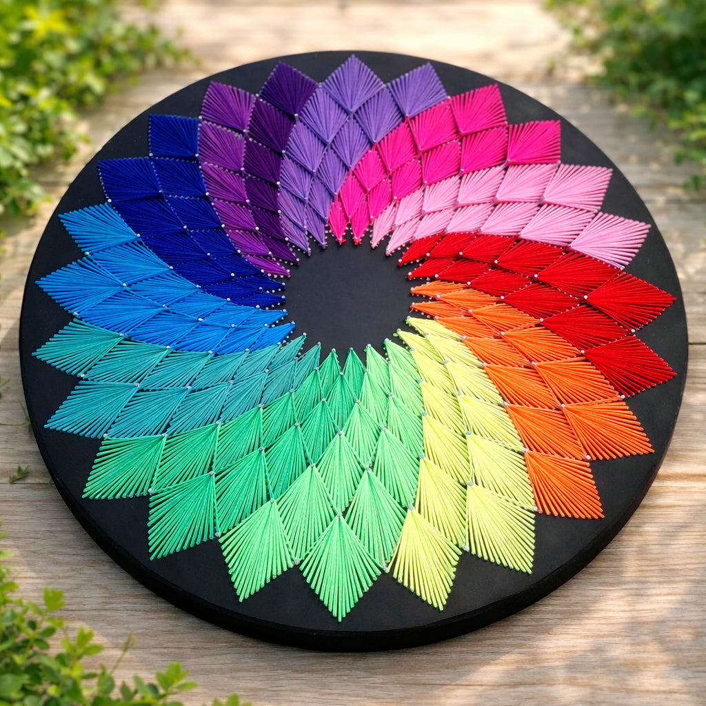 Handmade UV string art "Psy Harmony" by Psybell – geometric mandala nail and thread artwork