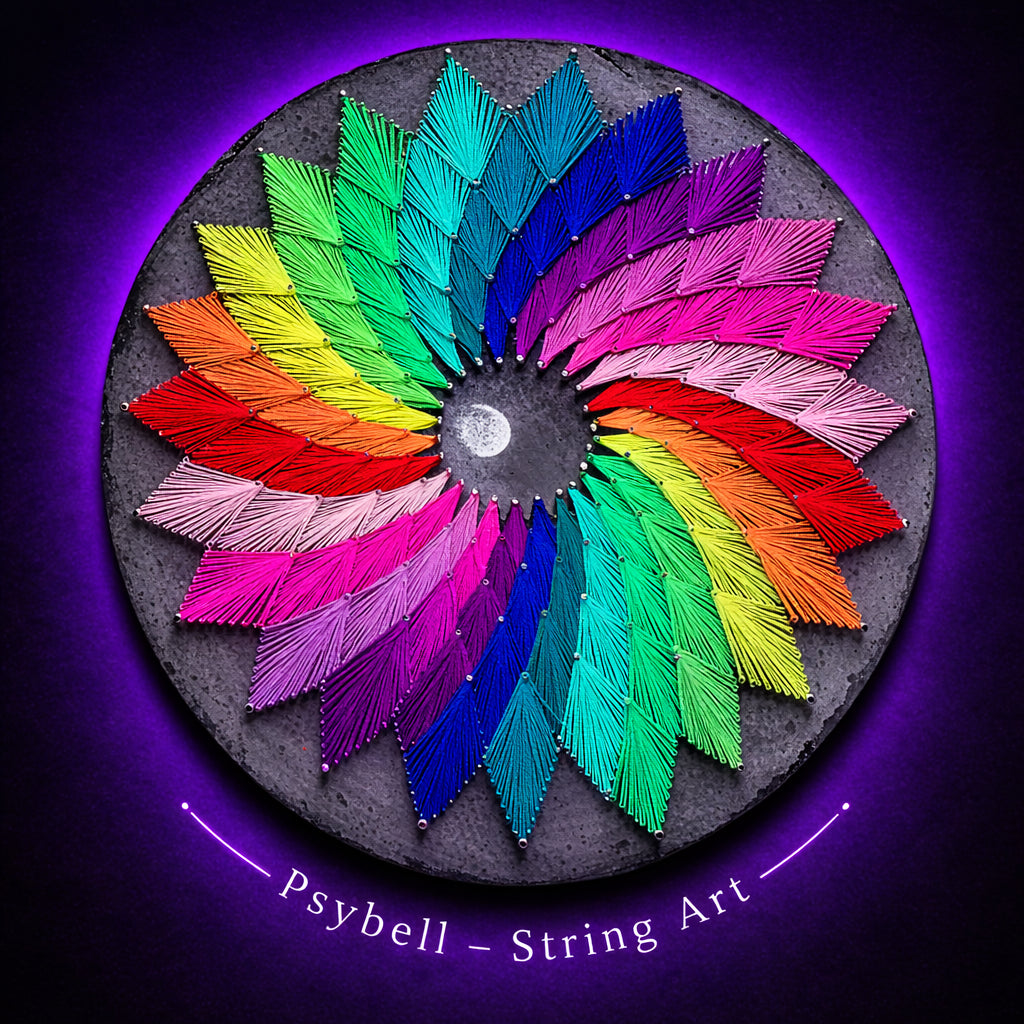 Handmade UV string art "Psybell Harmony" by Psybell – colorful geometric string art mandala