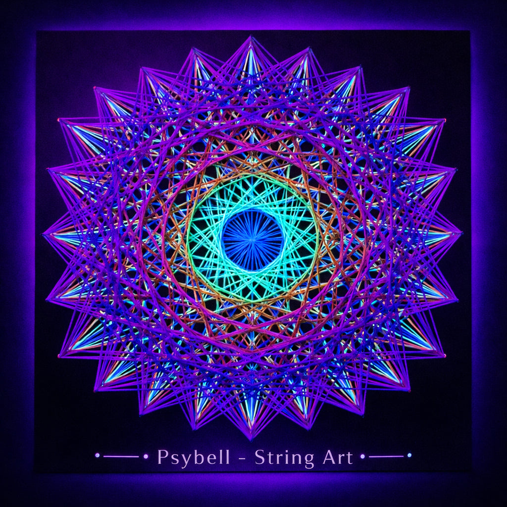 Handmade UV string art "Rainbow Hexagon – Blue Edge" by Psybell – rainbow hexagon geometric string art pattern