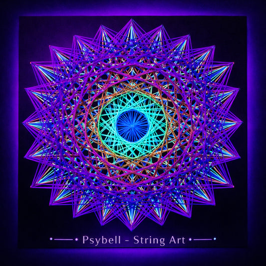 Handmade UV string art "Rainbow Hexagon – Blue Edge" by Psybell – rainbow hexagon geometric string art pattern