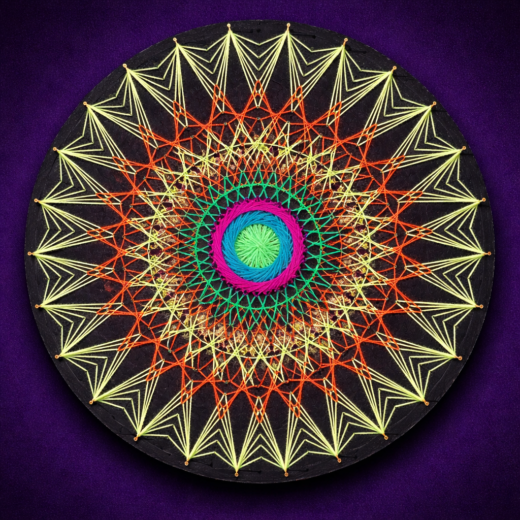 Sun Mandala 50cm UV string art – handmade geometric neon wall art on wooden base by Psybell