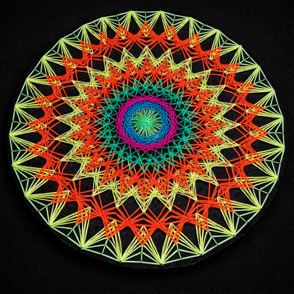 Sun Mandala handmade string art – vibrant orange lime turquoise pink geometric wall artwork 50 cm