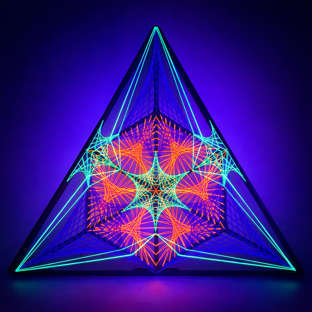 UV reactive geometric string art sculpture Tripple Double Mitsubishi by Psybell, triangular symmetry artwork with neon blue and orange threads glowing under ultraviolet light