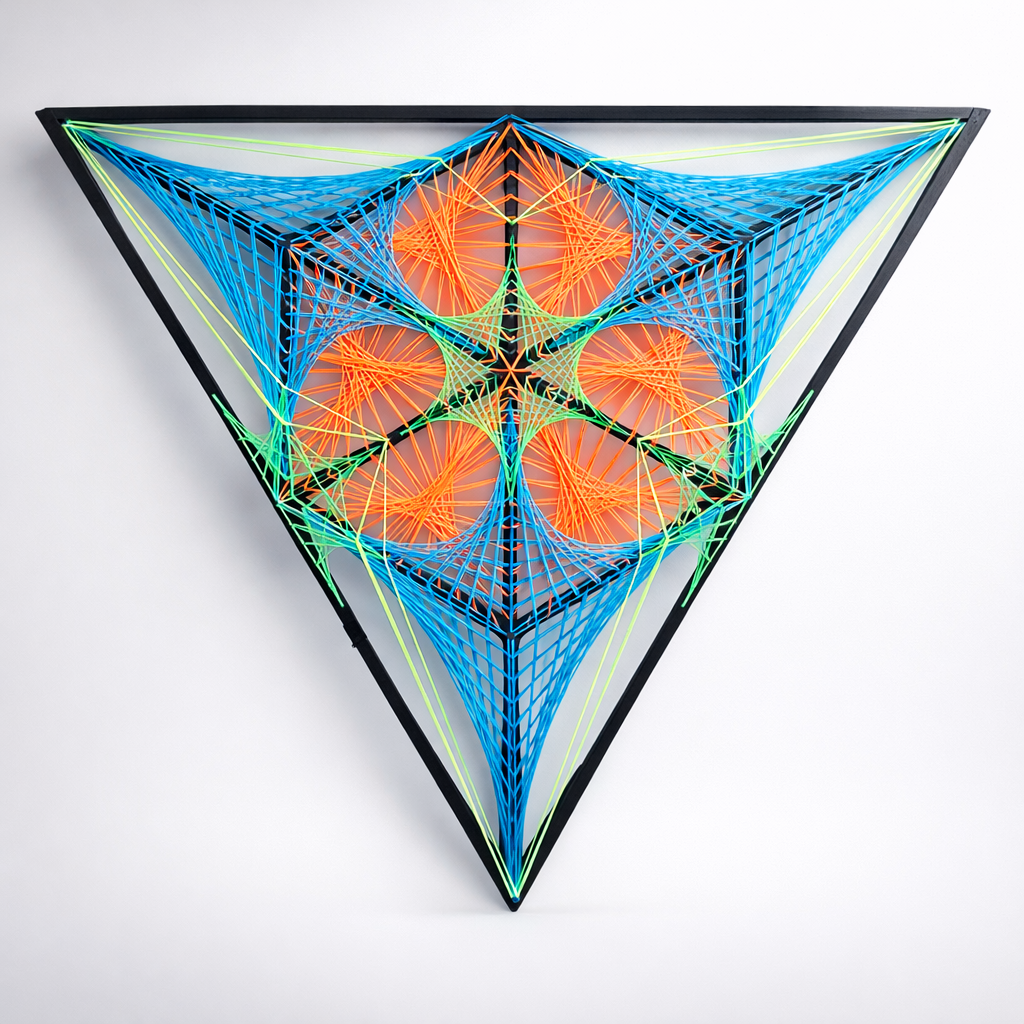 Handmade geometric string art Tripple Double Mitsubishi photographed in daylight, triangular wall sculpture with blue and orange thread geometry