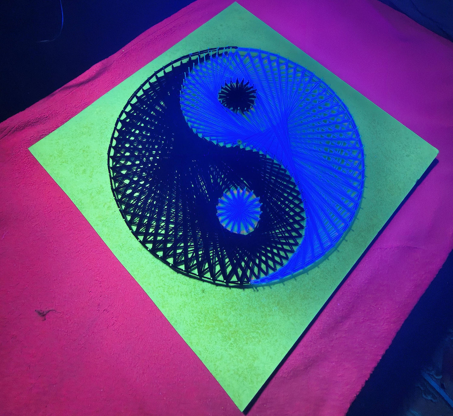 Yin and Yang UV string art on black wooden base fluorescent geometric wall decor