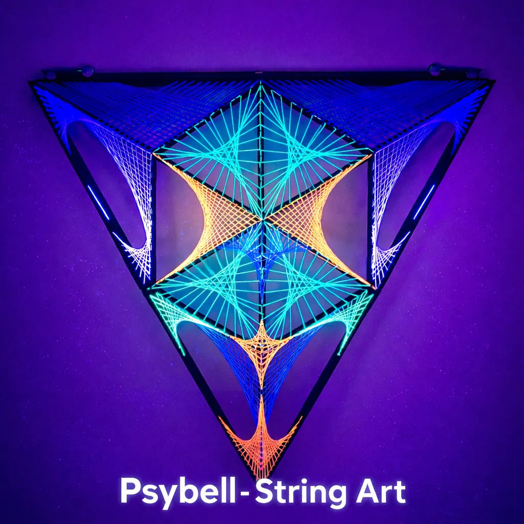 UV string art alien guardian featuring neon cotton yarn on wooden slats with detailed parabolic patterns forming a symmetrical futuristic guardian structure by Psybell
