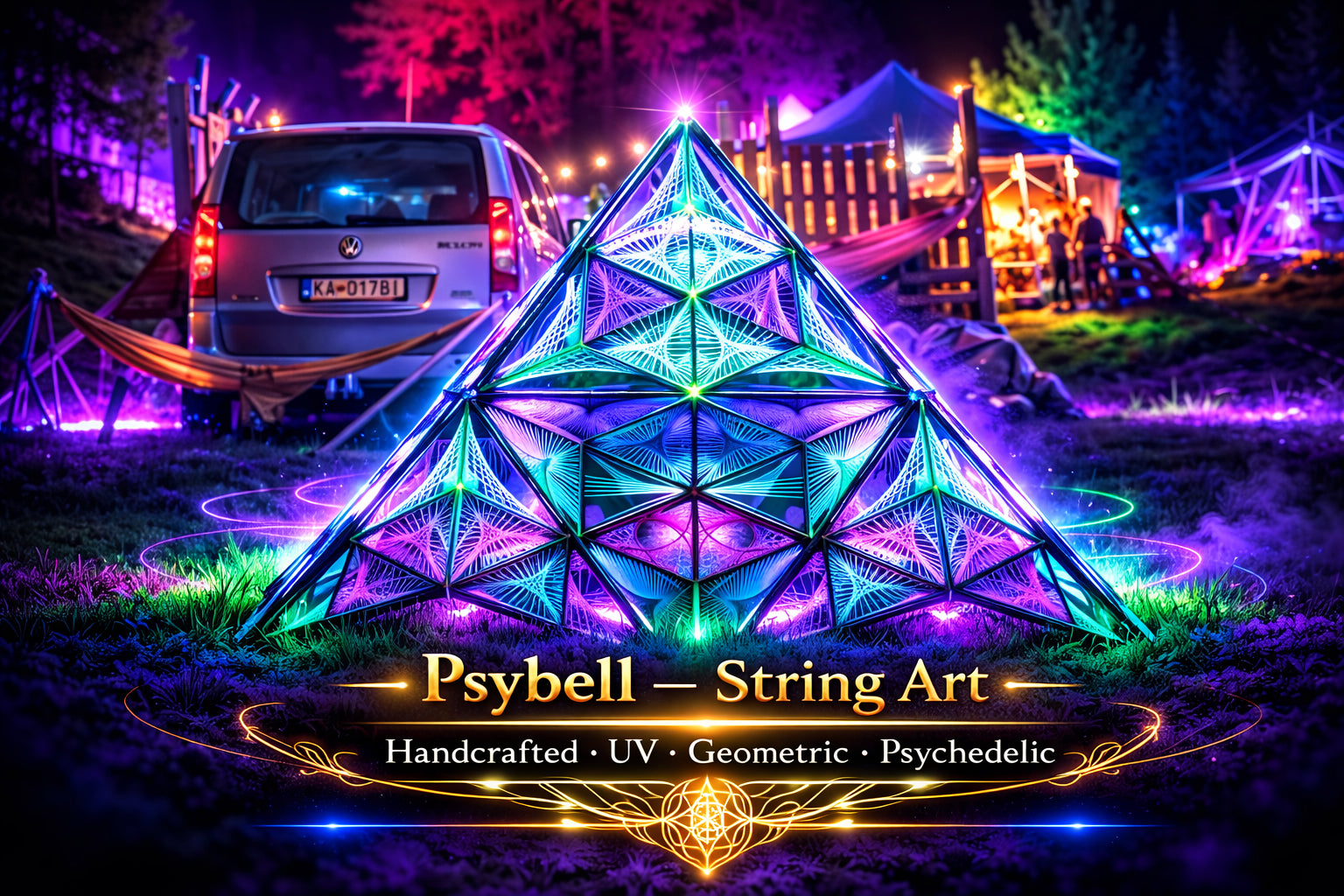 UV reactive string art Aliens Pyramid by Psybell featuring large scale psychedelic 3D geometric installation with vibrant neon cotton yarn and precise nail structure
