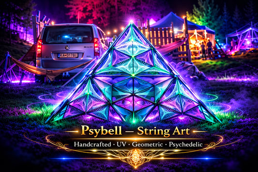 UV reactive string art Aliens Pyramid by Psybell featuring large scale psychedelic 3D geometric installation with vibrant neon cotton yarn and precise nail structure