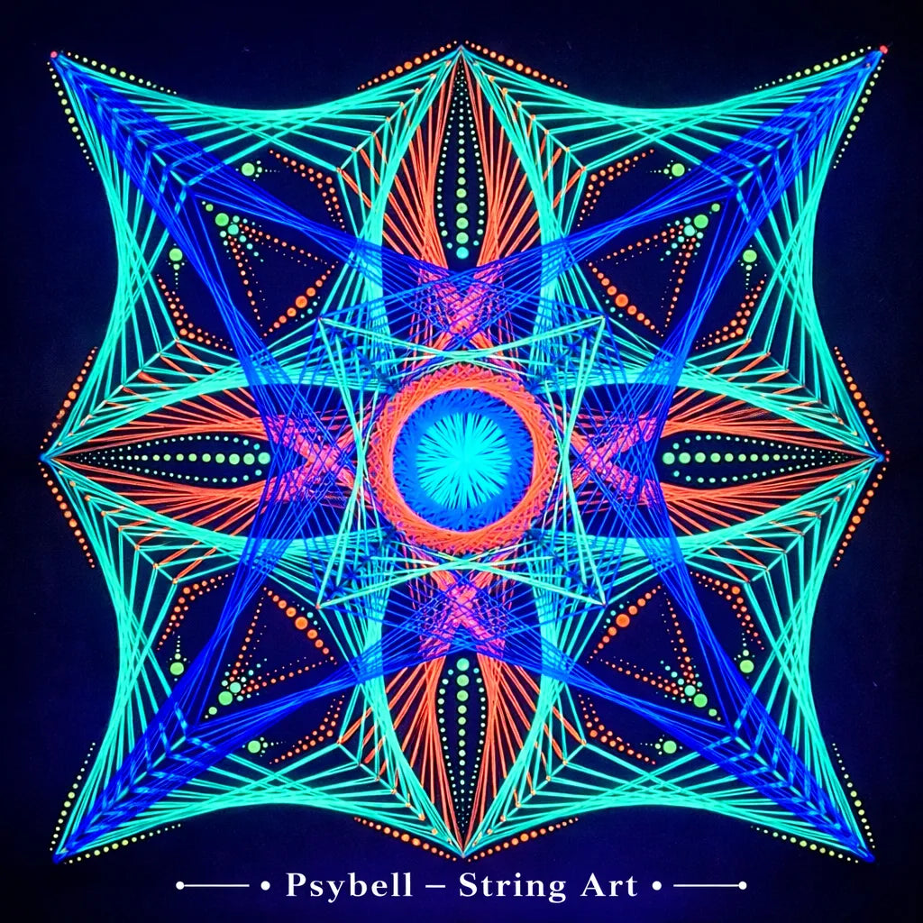 UV reactive string art Aura Flow by Psybell featuring psychedelic mandala design with vibrant neon cotton yarn and precise nail pattern