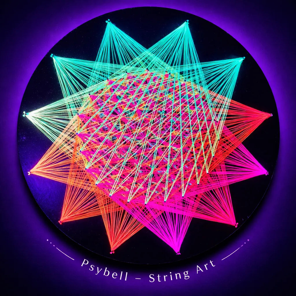 Handmade UV string art "Aurora Star" by Psybell – colorful geometric star mandala string art