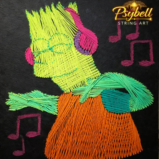 String art Bart Simpson character featuring colorful cotton yarn on solid board with detailed handwoven structure and playful music theme by Psybell