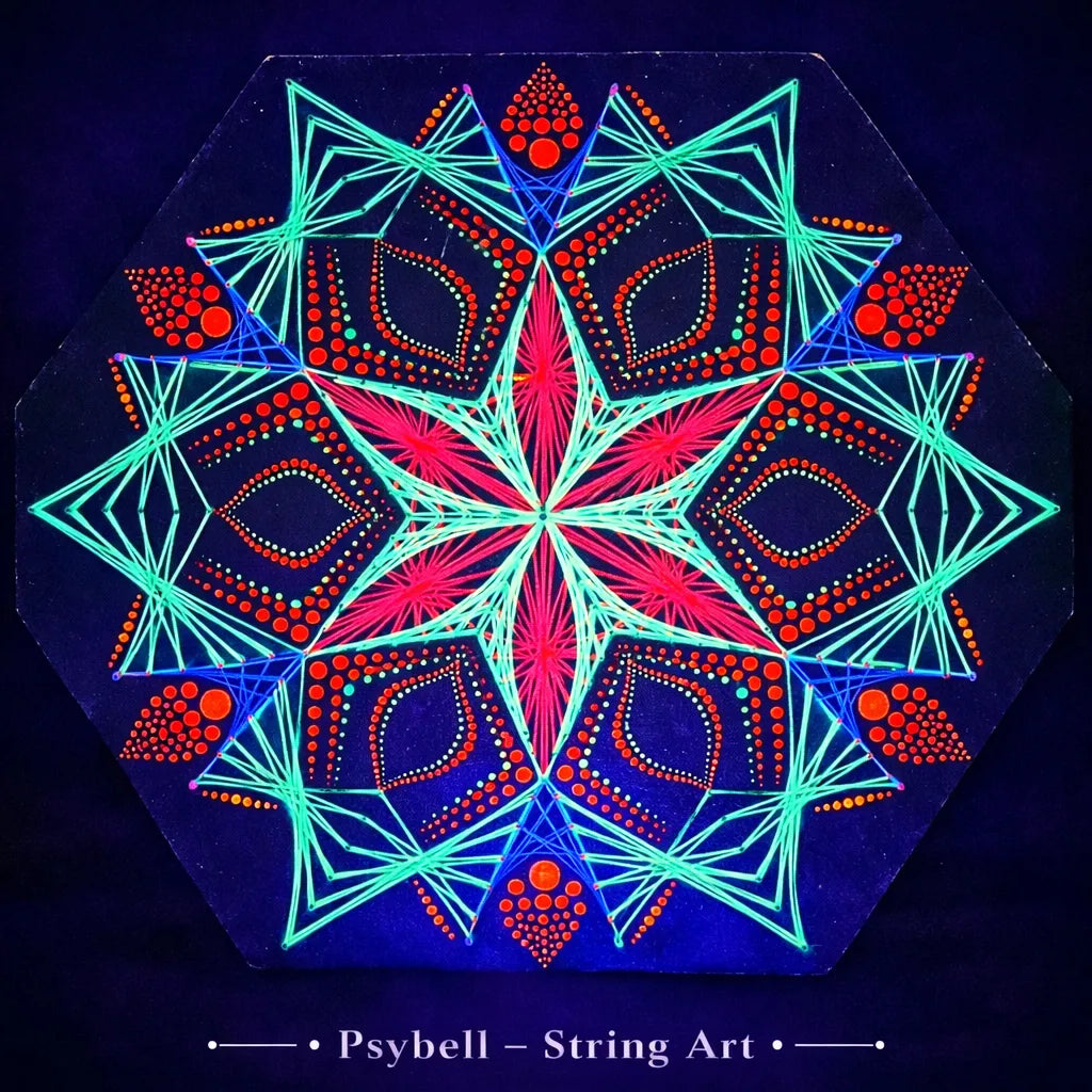 Handmade UV reactive string art Blooming Anise by Psybell featuring psychedelic mandala design with vibrant neon cotton yarn and precise nail pattern