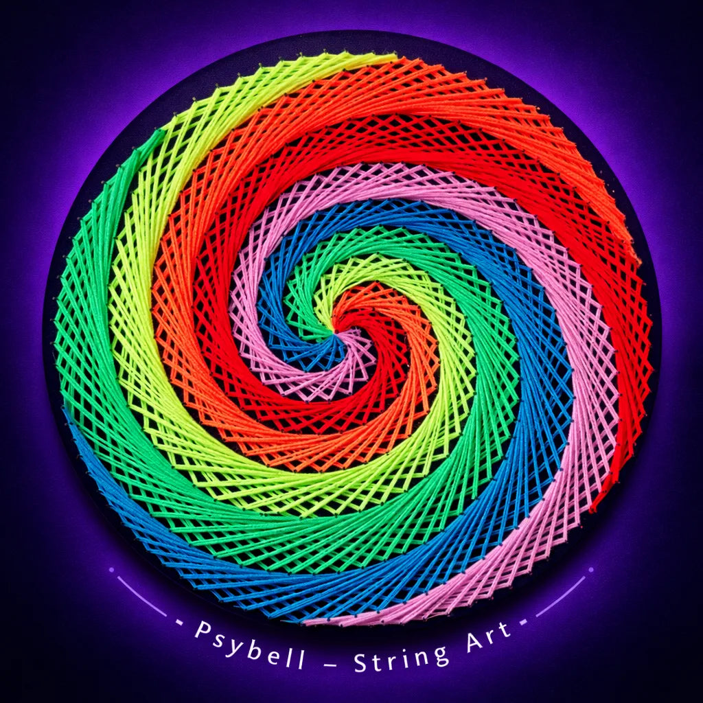 Handmade UV string art "Kruhová Špirála" by Psybell – circular spiral geometric nail and thread artwork
