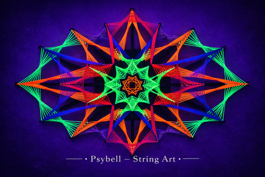 UV reactive string art Colorsun 16 by Psybell inspired by the glow of the sun, created on wooden slats with vibrant cotton yarn and precise geometric structure