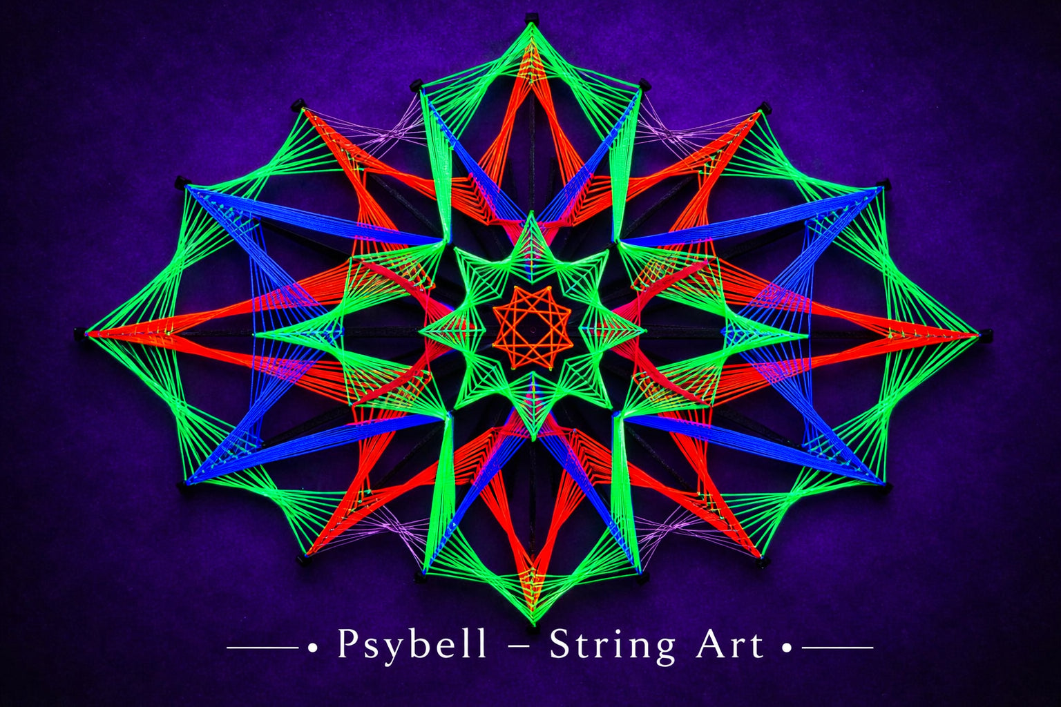 UV reactive string art Colorsun 23 by Psybell inspired by the glow of the sun, created on wooden slats with vibrant cotton yarn and precise geometric structure