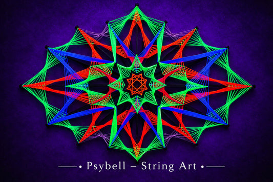 UV reactive string art Colorsun 23 by Psybell inspired by the glow of the sun, created on wooden slats with vibrant cotton yarn and precise geometric structure