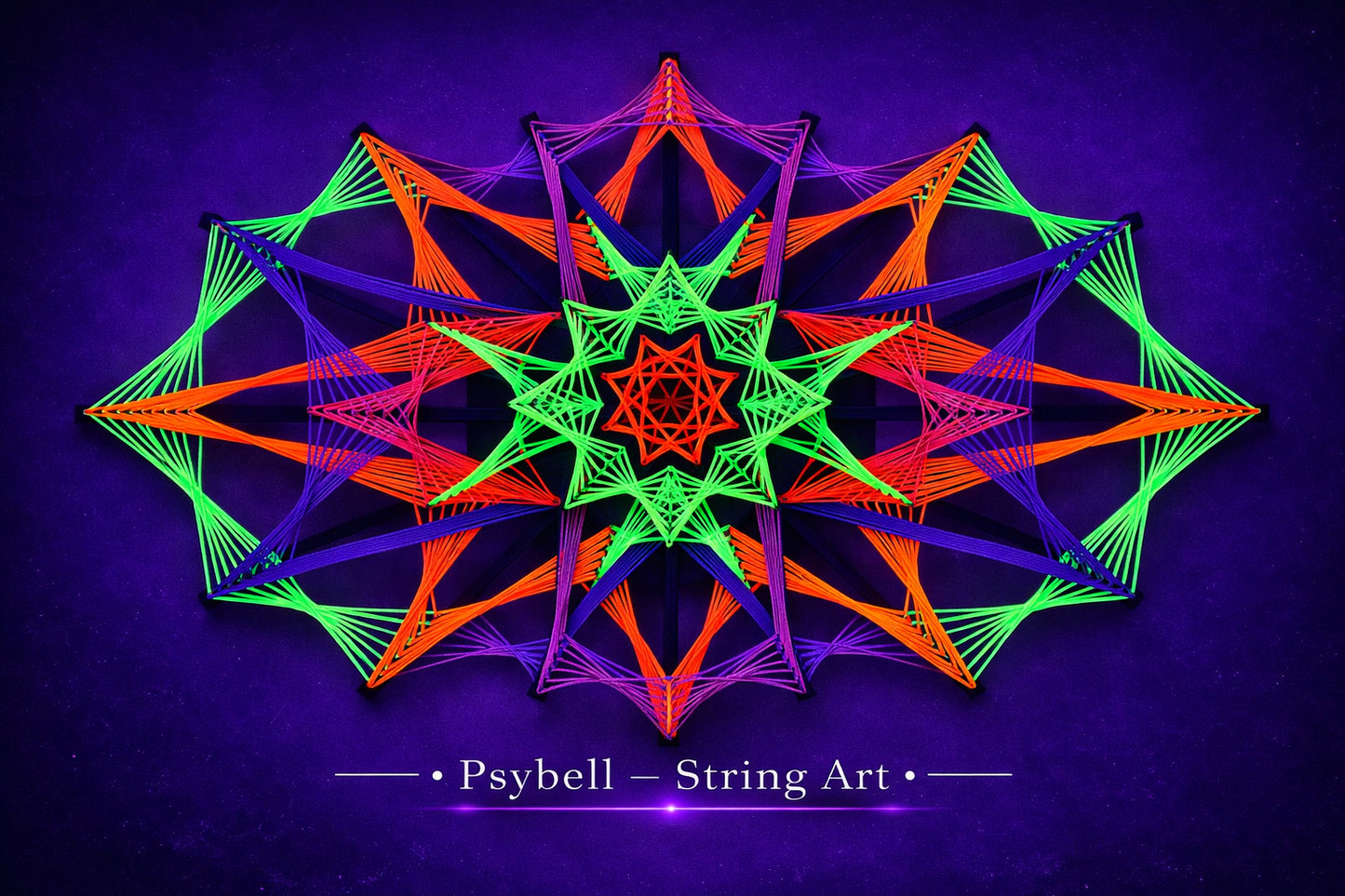 UV reactive string art Colorsun 25 by Psybell inspired by the glow of the sun, created on wooden slats with vibrant cotton yarn and precise geometric structure