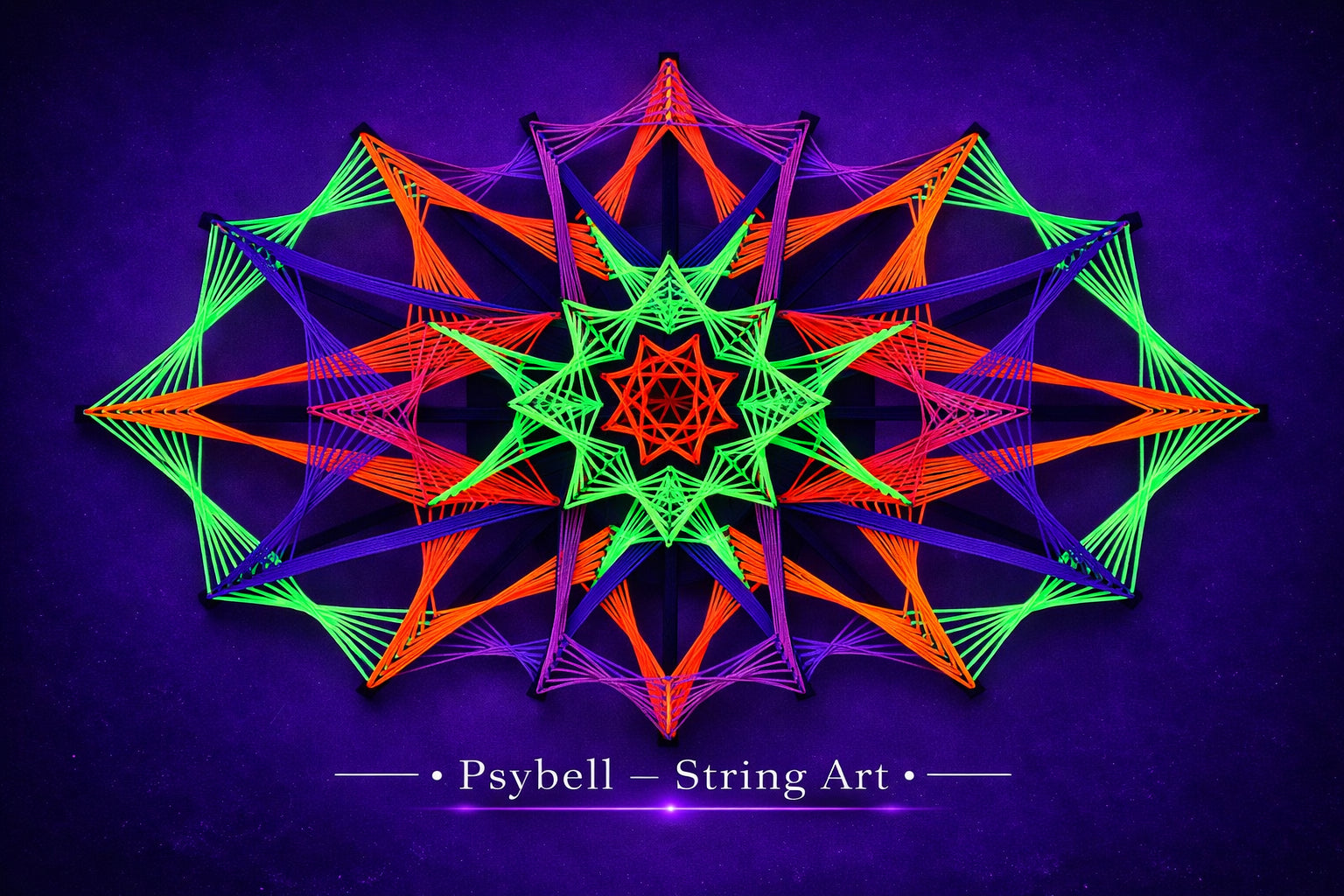 UV reactive string art Colorsun 25 by Psybell inspired by the glow of the sun, created on wooden slats with vibrant cotton yarn and precise geometric structure
