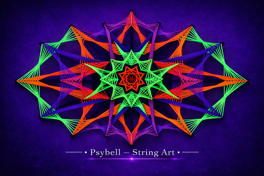 UV reactive string art Colorsun 25 by Psybell inspired by the glow of the sun, created on wooden slats with vibrant cotton yarn and precise geometric structure