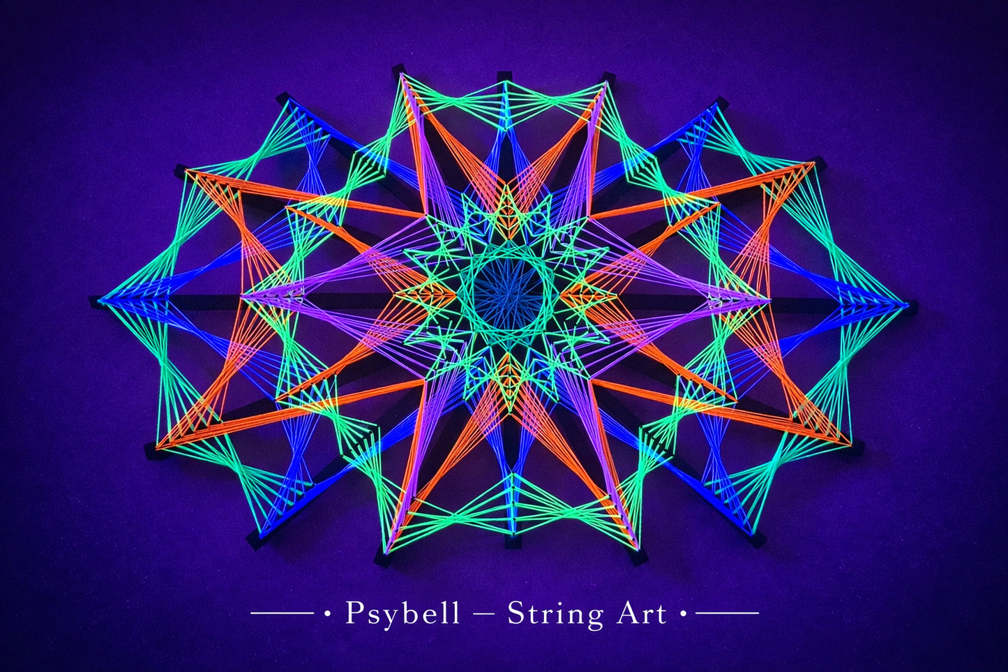 UV reactive string art Colorsun 27 by Psybell inspired by the glow of the sun, created on wooden slats with vibrant cotton yarn and precise geometric structure