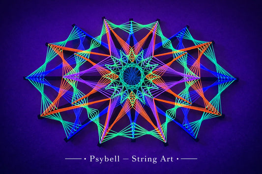 UV reactive string art Colorsun 27 by Psybell inspired by the glow of the sun, created on wooden slats with vibrant cotton yarn and precise geometric structure