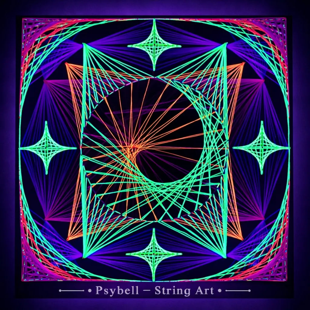 Handmade UV string art "Colosseum of Four Stars" by Psybell – symmetrical geometric star pattern string art