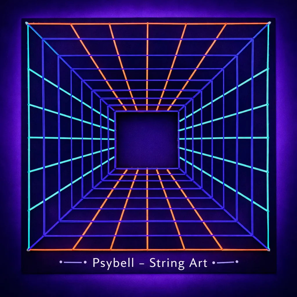 Handmade UV string art "Corridor" by Psybell – psychedelic geometric corridor illusion string art design