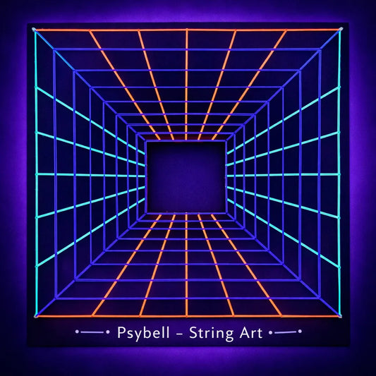 Handmade UV string art "Corridor" by Psybell – psychedelic geometric corridor illusion string art design