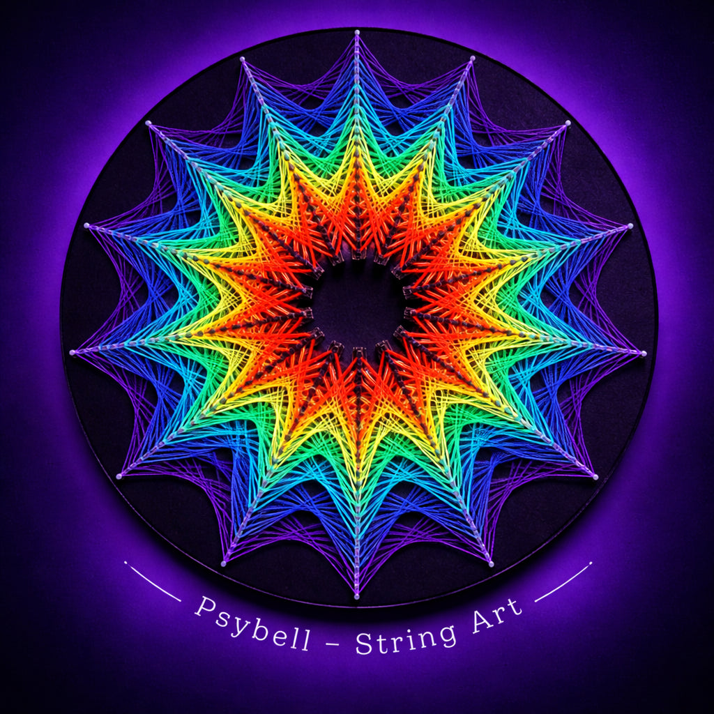 Handmade UV string art "Cosmic Stargate" by Psybell – psychedelic geometric portal style mandala