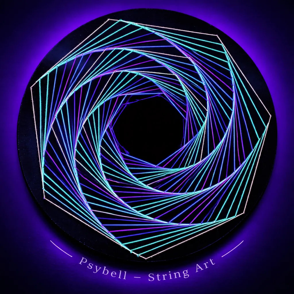 Handmade UV string art "Disaster spiral" by Psybell – dynamic spiral geometric string art pattern