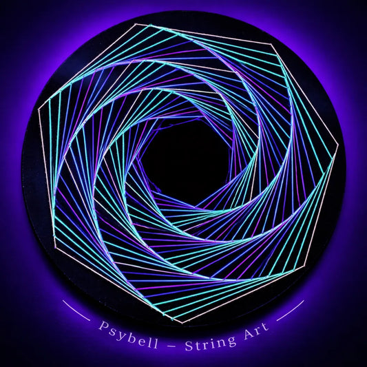 Handmade UV string art "Disaster spiral" by Psybell – dynamic spiral geometric string art pattern