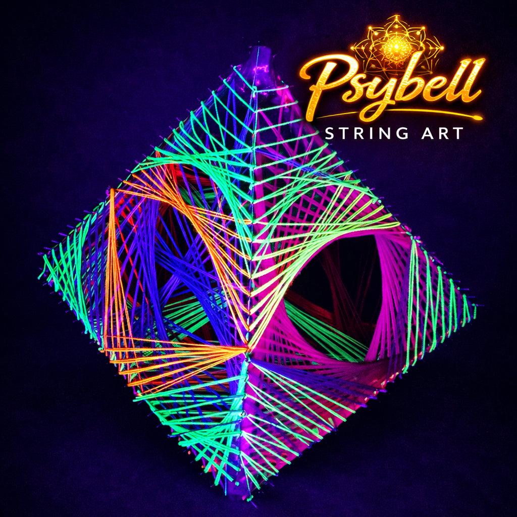 UV reactive string art Dragons Pyramid by Psybell featuring psychedelic 3D geometric structure with vibrant neon cotton yarn and precise nail construction