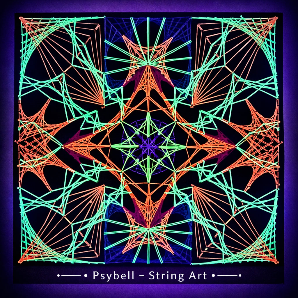 Handmade UV string art "Electra" by Psybell – electric psychedelic geometric string art pattern