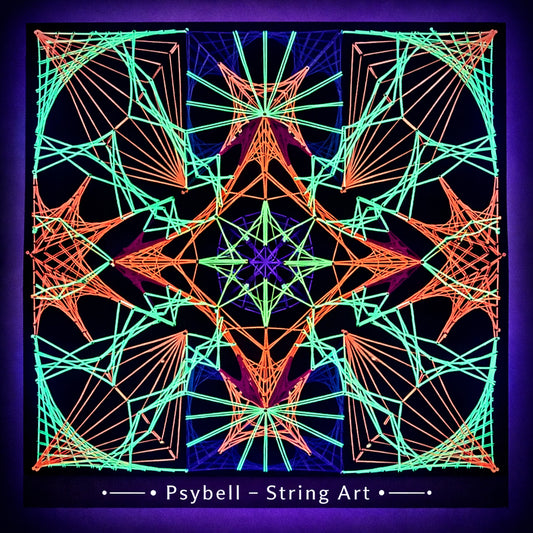 Handmade UV string art "Electra" by Psybell – electric psychedelic geometric string art pattern