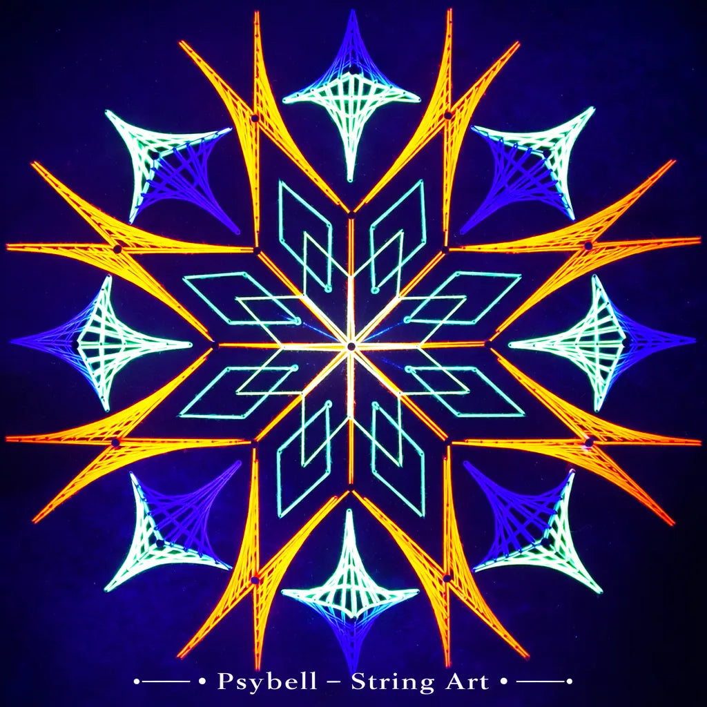 Handmade UV string art "Plameňová Aster" by Psybell – colorful geometric star pattern nail and thread artwork